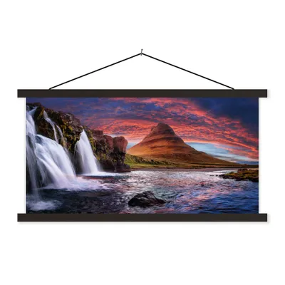 Produktbild von MuchoWow® Textilposter Wasserfall - Berg - Wolken - Rosa - Landschaft 90x45 cm mit schwarzem Rahmen - Klemmleisten