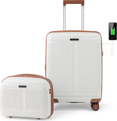 Produktbild von COSTWAY 2tlg. Koffer-Set, 20" Handgepäck Koffer 35L + 14" Kosmetikkoffer, Reisekoffer erweiterbar mit TSA-Schloss, USB-Anschluss & Rollen Weiß