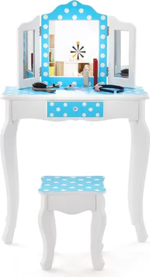 A white and blue polka dot children's vanity table and stool set against a white background.