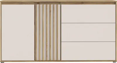Produktbild von Forte ELISTON Kommode 160, modernes Sideboard mit Lamellendesign, 2-türig, 3 Schubladen, Wohn-/Schlafzimmer, Mauvella Eiche Holzdekor|Kashmir Beige, 159,3 cm breit x 84,9 cm hoch x 41,5 cm tief