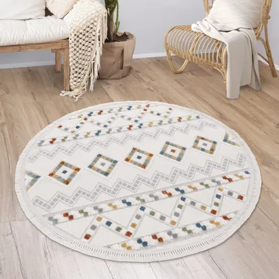 Produktbild von Teppich Wohnzimmer Kurzflor Boho Modern Ethno Skandi Geometrisch Fransen Grösse 120 cm Rund