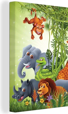 Produktbild von MuchoWow® - Leinwandbilder - Dschungeltiere - Pflanzen - Kinder - Elefant - Giraffe - Löwe, Wandbild, Wanddeko Bilder Wohnzimmer, 40x60 cm