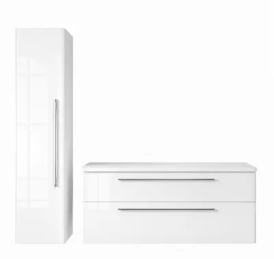 Produktbild von Badmöbel Set MOBI 120 cm - Weiß Hochglanz - Waschbeckenunterschränke | Hochschrank - Badezimmerschränk