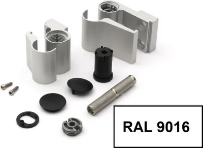 A collection of metal and plastic hardware components, likely for a door or window, laid out on a white background. A label with 'RAL 9016' is in the bottom right corner.