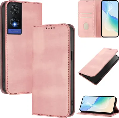 Image de Etui pour TCL 505, étui en cuir vintage avec protection RFID, fentes pour cartes, support Rose