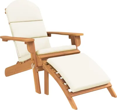 Image de Chaise de jardin Adirondack pliable avec repose-pieds, bois d'acacia massif huilé, coussins blanc crème, capacité 110 kg, 75x84x90 cm