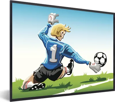 Produktbild von MuchoWow® Gerahmtes Poster Eine Illustration eines Torwarts, der den Fußball stoppt - Jungen - Mädchen - Kinder 40x30 cm - Poster mit Schwarzem Bilderrahmen Wandposter Rahmen Foto Bilder - Kunstposter - Wanddekorationen