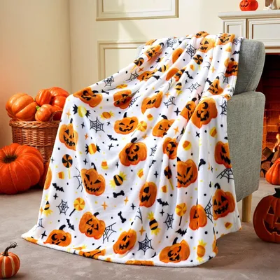 Produktbild von Halloween-Überwurfdecke – weiche Plüsch-Halloween-Decke – Spinnennetze, Fledermaus-Kürbis-Decke – gemütliche Flanell-weiße Halloween-Dekoration für Party, Sofa, Bett, Wohnzimmer, 127 x 152 cm