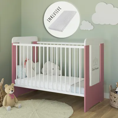 Image de Lit bébé à barreaux avec matelas & petite princesse gravée 60x120 hauteur réglable | barreaux amovibles blanc rose fille  Europe