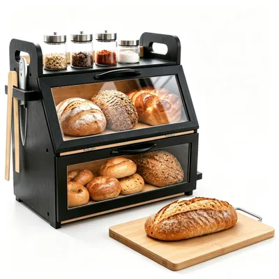 Bambus-Broodtrommel 2 Etagen, groß, 38,9x37,8x27,9 cm, schwarz