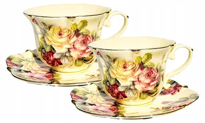 Produktbild von Tasse und Untertasse aus Porzellan mit Blumen- und Rosenmuster, 2er-Set, Geschenk für eine Frau