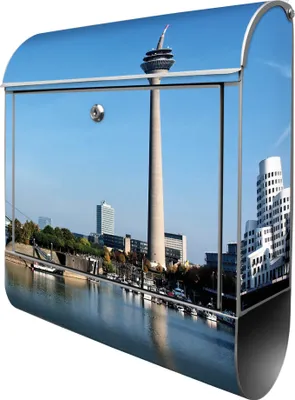 Zdjęcie produktu dla banjado design skrzynka na listy stalowa srebrna z przegrodą na gazety malowana proszkowo "Düsseldorf" 38x46x12,5cm & 2 klucze - Skrzynka pocztowa A4 z materiałem montażowym [BK 10195]
