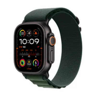 A close-up studio shot of an Apple Watch Ultra 2 with a green band.