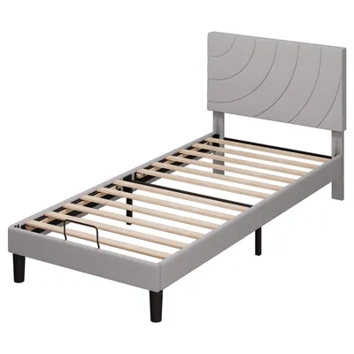 Produktbild von Einzelbettgestell 90x200 cm Polsterbett mit geschwungenem Kopfteil Metallrahmen Stahl Stauraum unter dem Bett Plattformbett geräuschlos Grau