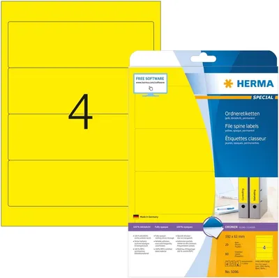 Zdjęcie produktu dla Etykiety do segregatorów, żółte, wymiar 192x61 mm, format A4, opakowanie zbiorcze: 32 x 80 sztuk