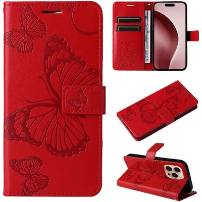 Produktbild von Mobigear Butterfly iPhone 16 Pro Hülle Klapphülle Geldbörse - Rot
