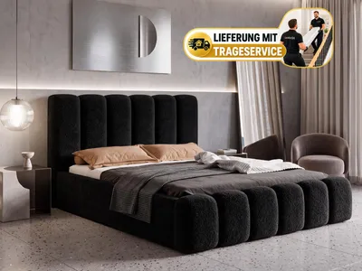 Produktbild von Polsterbett 180x200 mit Bettkasten VELARO, Stauraum und Metall-Lattenrost – Bouclé Stoff Schwarz