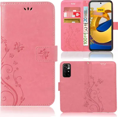 A collage of images showing a pink phone case with a floral and butterfly design, including a view of the inside with card slots and a phone inserted.