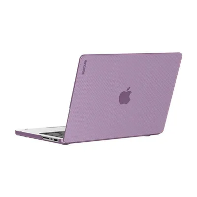 A purple MacBook Pro with a textured case is shown from a diagonal rear view against a white background.