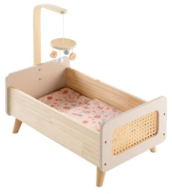 Image de Lit pour poupées en bois avec mobile et linge de lit