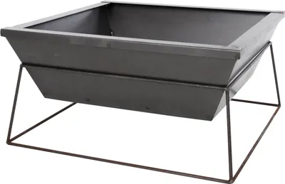 A dark gray metal fire pit on a wire stand against a white background.