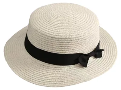 Produktbild von Strandstrohhut mit flacher Oberseite, breiter Krempe, Sonnenschutzhut mit schwarzer Schleife, handgewebt, atmungsaktiv, Sommerhut