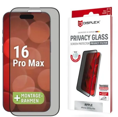 Produktbild von Displex Privacy Panzerglas (10H) für Apple iPhone 16 Pro Max, Eco-Montagerahmen, Privacy Filter, Apple, iPhone 16 Pro Max, Trockene Anwendung, Schmutzabweisend, Schlagfest, Kratzresistent, Schwarz, Transparent, 1 Stück(e)