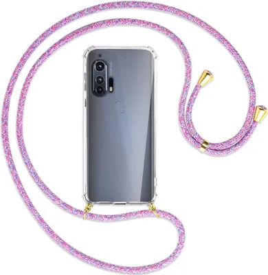 Produktbild von Handykette Backcover-Schutzhülle mit Band (Metall goldfarben) für Motorola Edge Plus - lila/rosa/blau