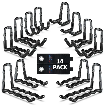 Productafbeelding van 14-delige set garagehaken, zware belasting, wandhaken, constructie van 8 mm staal, voor het organiseren van tuinslangen, ladders, elektrische gereedschappen, geschikt voor garage, tuin, werkplaats (zwart)