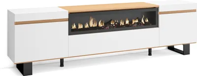 A modern TV cabinet with a built-in electric fireplace.