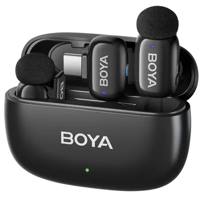 Produktbild von BOYA mini 2-02 Wireless Mikrofon Set Mini Funkmikrofon Lavalier mit Ladecase USB C Lightning Smartphone Rauschunterdrückung