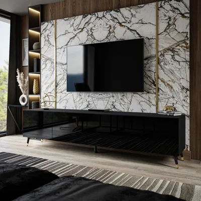 Produktbild von RTV-Schrank AURA 200 schwarz hochglanz - Schwarz + Gold