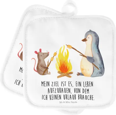 Produktbild von Mr. & Mrs. Panda Topfuntersetzer Pinguin Lagerfeuer - Weiß - Geschenk, topfhalter, Topflappen, Pinguine, Topflappenset, Set, Job, Grillen, Kochlappen, Motivation