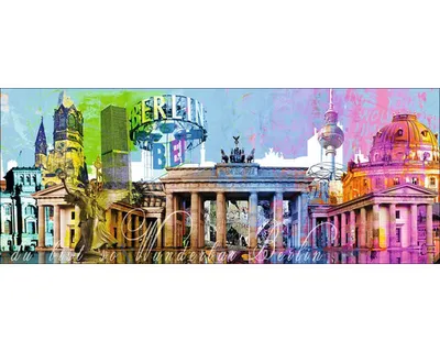 Produktbild von Glasbild mit Berlin-Collage, farbenfroh, Darstellung bekannter Wahrzeichen, 80x30 cm