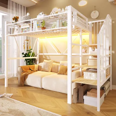 Produktbild von Hochbett 90x200 cm Metallbett mit LED-Lichtleiste & Stufen-Ablageregal Jugendbett Bettgestell Stabil mit Stauraum Ohne Matratze Weiß