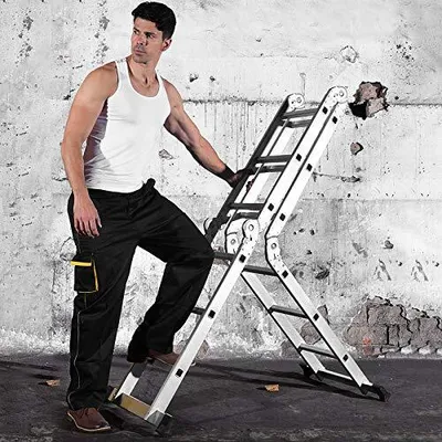Produktbild von TRMLBE Aluminium Mehrzweckleiter 470cm, 6 in 1 Multifunktionsleiter, Klappleiter mit 2 Rollen und Plattform, 4 x 4 Silber-Klappbare Vielzweckleiter bis 150KG