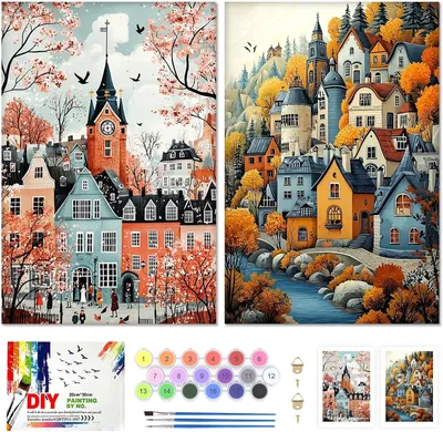 Productafbeelding van 2-Pack Verf op Nummers Kit Kerk, Opgerekt Canvas Bord voor Schilderen voor Volwassenen Kasteel, Rimpelvrij Acryl Olieverf voor Studenten Beginners