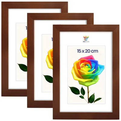 Produktbild von MG Design 3er Set Bilderrahmen 15 x 20 cm - Fotorahmen mit Braun Echtholzrahmen und bruchsicherem Acrylglas, Hoch & Quer zum Aufhängen, zum Aufstellen