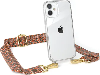 Produktbild von EAZY CASE Handykette - Verstellbarer Trageriemen kompatibel mit Apple iPhone 12 Mini, Handykordel mit transparenter Silikon-Hülle, Band in Orange