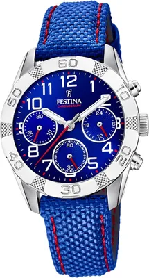 A close-up studio shot of a Festina chronograph watch with a blue dial and a blue fabric strap.