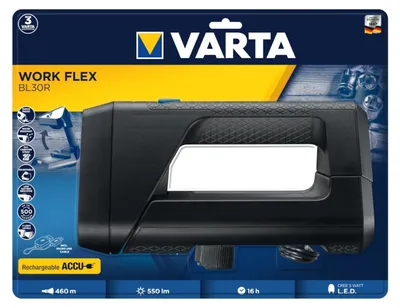Produktbild von Varta Baustrahler LED, wiederaufladbar, Arbeitsleuchte, Work Flex BL30R, Handscheinwerfer mit 3 Lichtmodi, Werkstattlampe für ideale Raumausleuchtung, Werkstatt, Auto, Taschenlampe, Schwarz, Tasten, Ladend, IPX4, LED