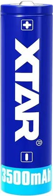A close-up studio shot of a blue battery with white text and symbols.