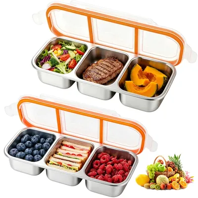 Snackbox mit 3 Fächern, 2 Stück, Edelstahl, auslaufsicher, 600 ml