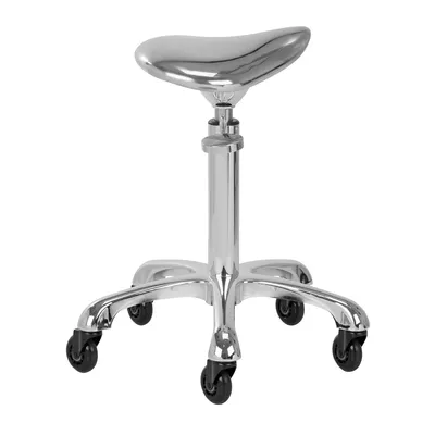 A polished metal saddle stool on wheels against a white background.