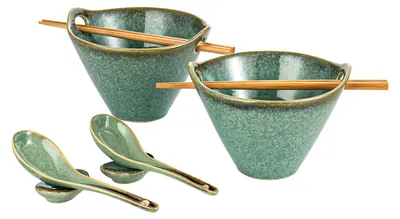 Ramen-Schalen 2er-Set, 600 ml, Keramik, grün, mit Zubehör