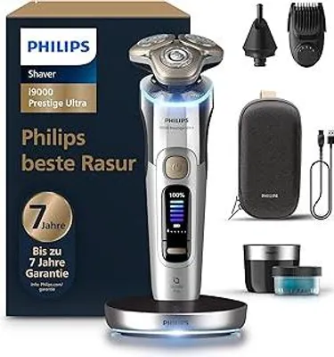Produktbild von Philips Rasierer i9000 Prestige Ultra für Herren, Nass- und Trockenrasur, chrom, Druck- und Bewegungssensor, 5+1 Bartstyler, Nasenhaartrimmer, Reinigungsstation, Ladestation und Reiseetui (XP9404/38)