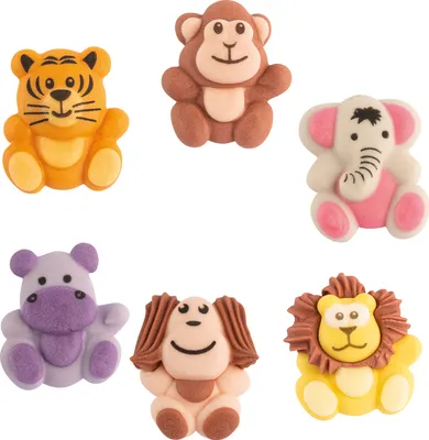 Produktbild von Günthart 48 Tierfiguren, Zootiere sitzend aus Zucker in 2D Optik, flach