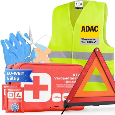 Kit Sécurité Voiture 3 En 1 - Trousse Premiers Secours + Gilet Haute Visibilité + Triangle - Norme EN ISO 20471 2024