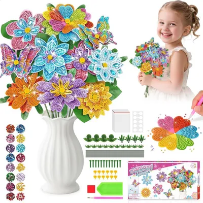 Image de Kit de peinture diamant pour enfants, motif fleurs, à partir de 6 ans | Idée cadeau pour filles de 5 à 12 ans