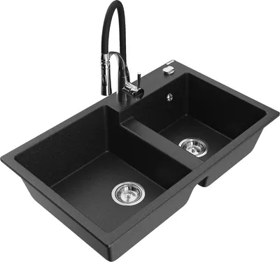 Produktbild von Mexen Tomas 2-Becken-Granitspüle mit Mischbatterie Aster, Schwarz/Silbermetallic - 6516-73-73450-07